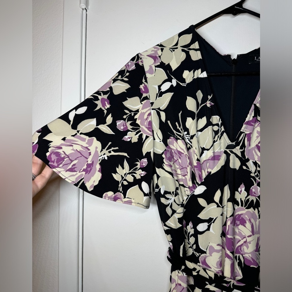 Lauren Ralph Lauren Floral Belted Faux Wrap Purple Cream Black Jersey Dress 4 - Picture 6 of 16